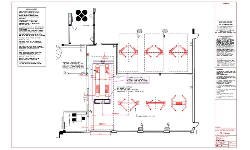 CAD workshop layout design showing technical floor plan for automotive garage