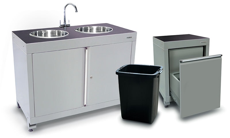 Workshop sink and waste bin units integrated with storage cabinets