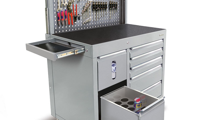 Modular steel storage cabinets in a professional workshop